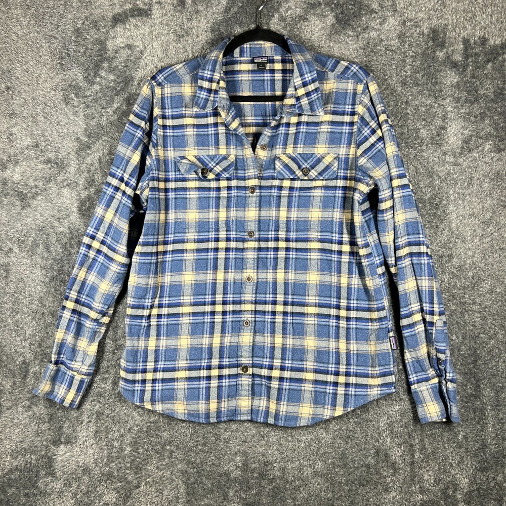 Patagonia Shirt Womens L Blue Plaid Long Sleeve Button Up Pockets Cotton Flannel